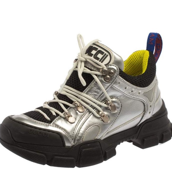 Gucci Silver/Black Leather And Mesh Flashtrek Low Top Sneakers size 35 - Picture 1 of 9